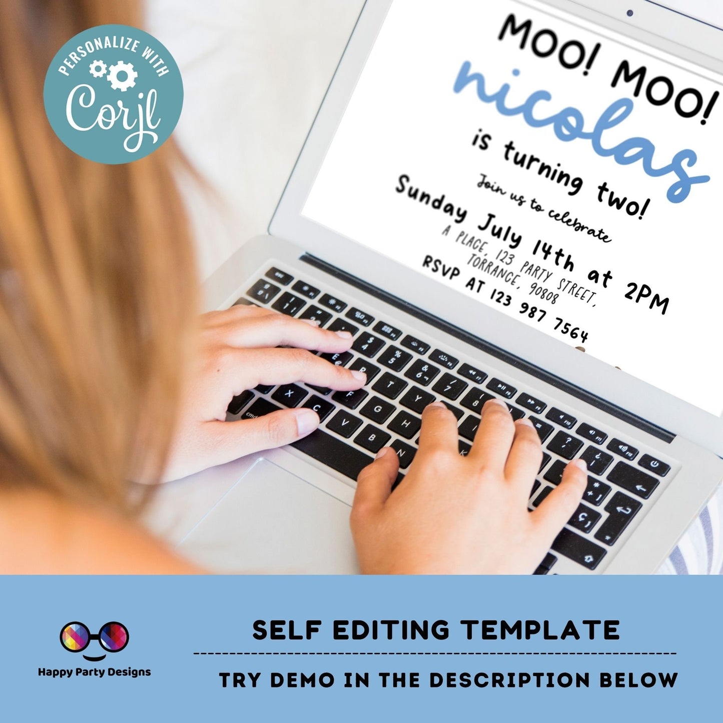 Moo Moo Editable Farm Birthday Invitation boy | Farm Animals Barnyard | cow Party Download Printable Invitation Template | cowboy #K147