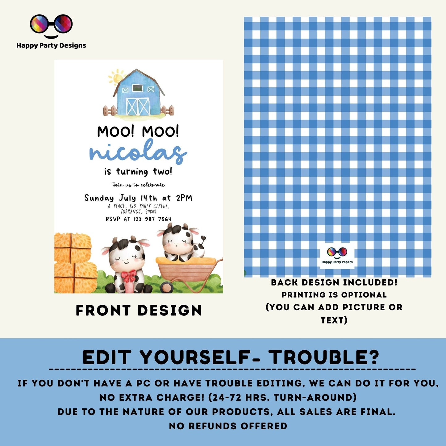 Moo Moo Editable Farm Birthday Invitation boy | Farm Animals Barnyard | cow Party Download Printable Invitation Template | cowboy #K147