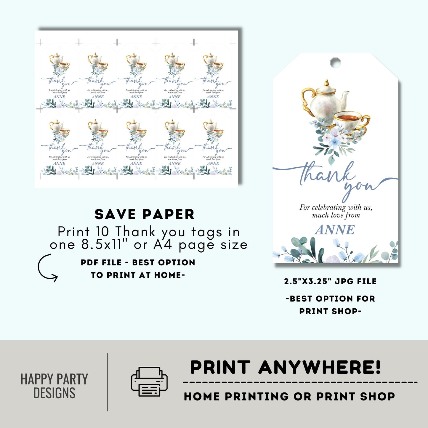 Editable tea party thank you tag | birthday | baby shower | bachelorette | Thank you tag | Gift Tag | Template | Baby boy | Favor tag #B30
