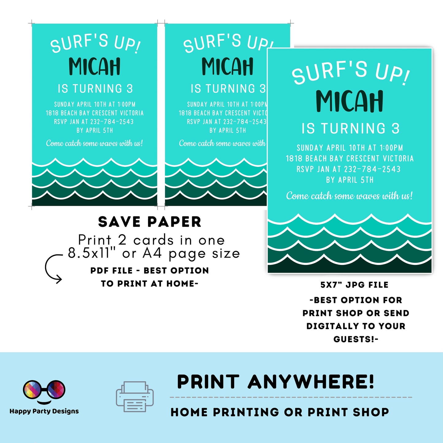 Ocean Invitation | minimalist Ocean Themed Birthday Party Invitation | Editable Ocean Invitation | surfing party | under the sea Evite #K113