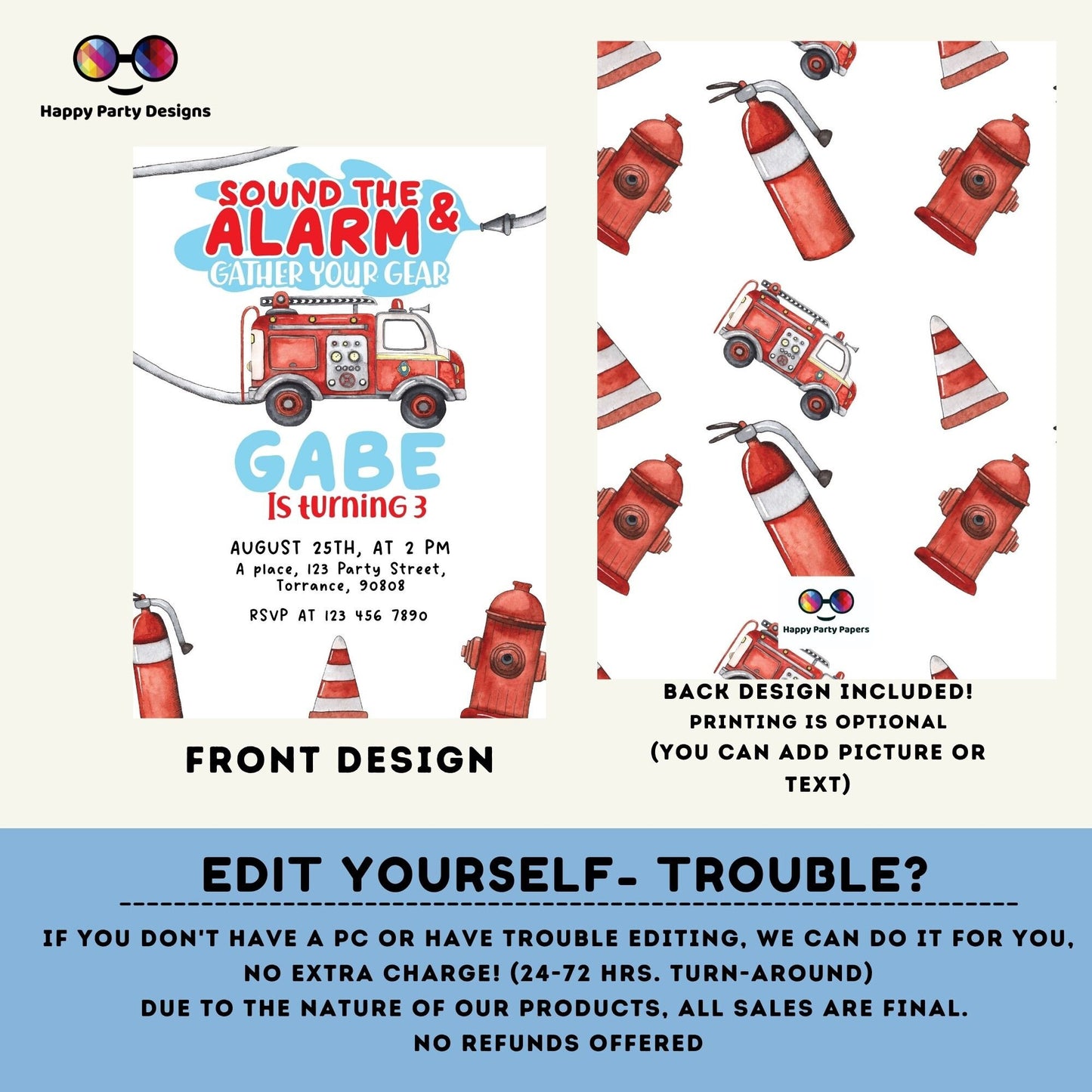 Firetruck Birthday Invitation Party Invite | trucks party | Boy First Firefighter | Monster Truck Fireman Party Invite | Fire Engine #K148
