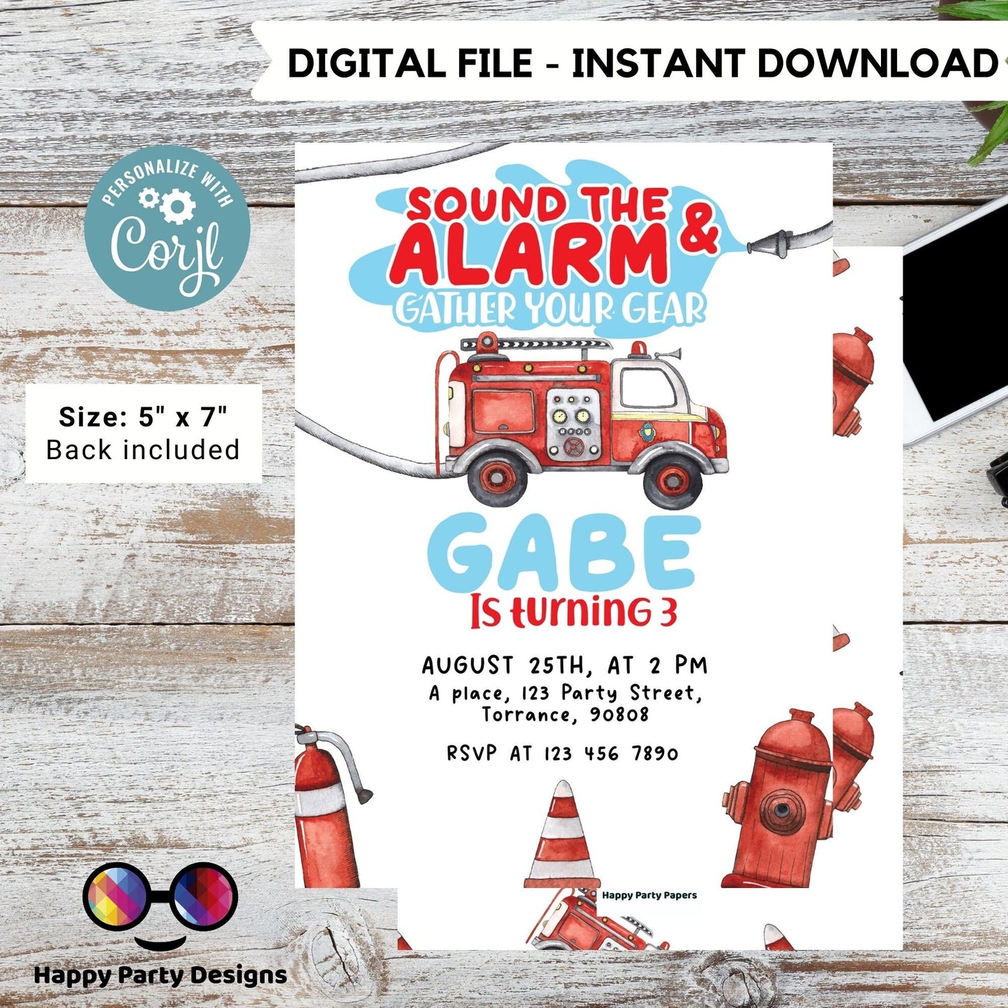 Firetruck Birthday Invitation Party Invite | trucks party | Boy First Firefighter | Monster Truck Fireman Party Invite | Fire Engine #K148