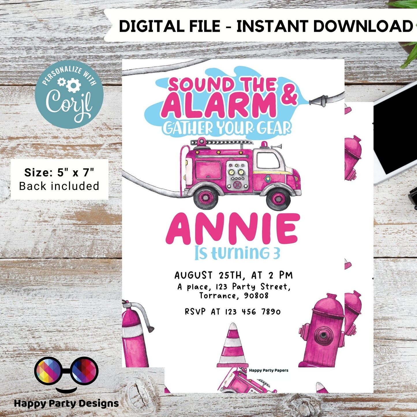 Firetruck Birthday Invitation Party Invite | trucks party | girl First Firefighter | Monster Truck Fireman Party Invite | Fire Engine #K148
