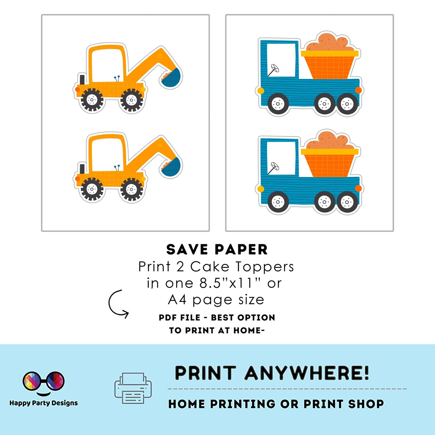 PRINTABLE truck Cake Toppers | under construction party Cake Toppers | truck Toppers Centerpieces | retro truck | boy birthday #K54