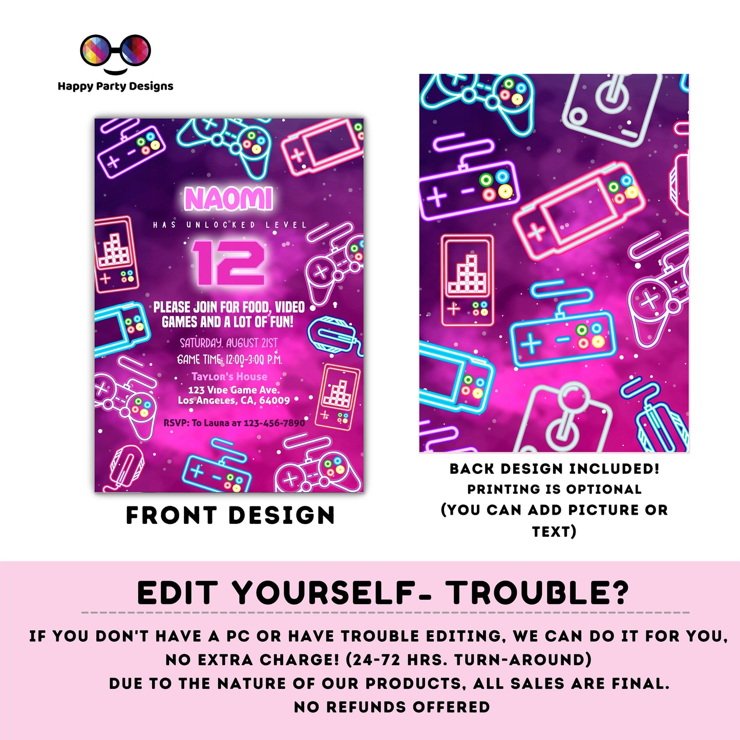 Editable videogame invitation | Digital neon video gamer printable invite | Birthday girl | neon Invitation | Personalize Online #K72
