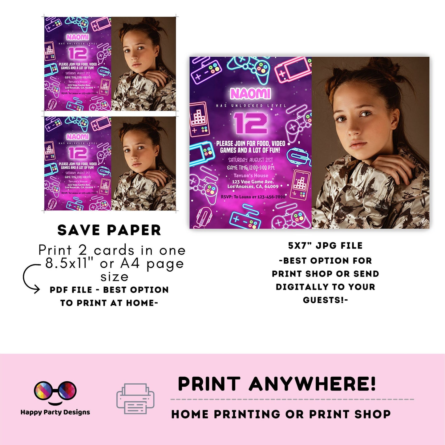 Editable videogame invitation with picture | Digital neon video gamer printable invite | Birthday girl | neon Invitation | girl gamer #K72