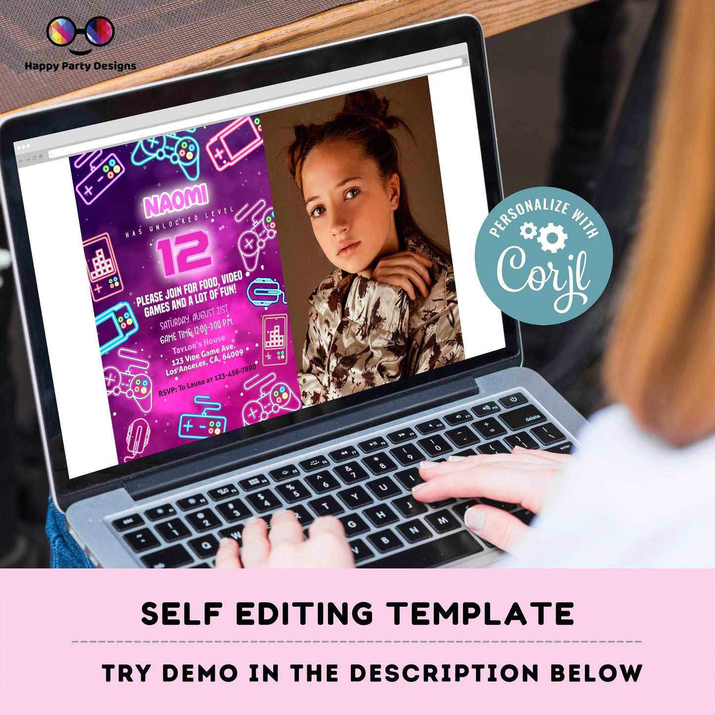 Editable videogame invitation with picture | Digital neon video gamer printable invite | Birthday girl | neon Invitation | girl gamer #K72