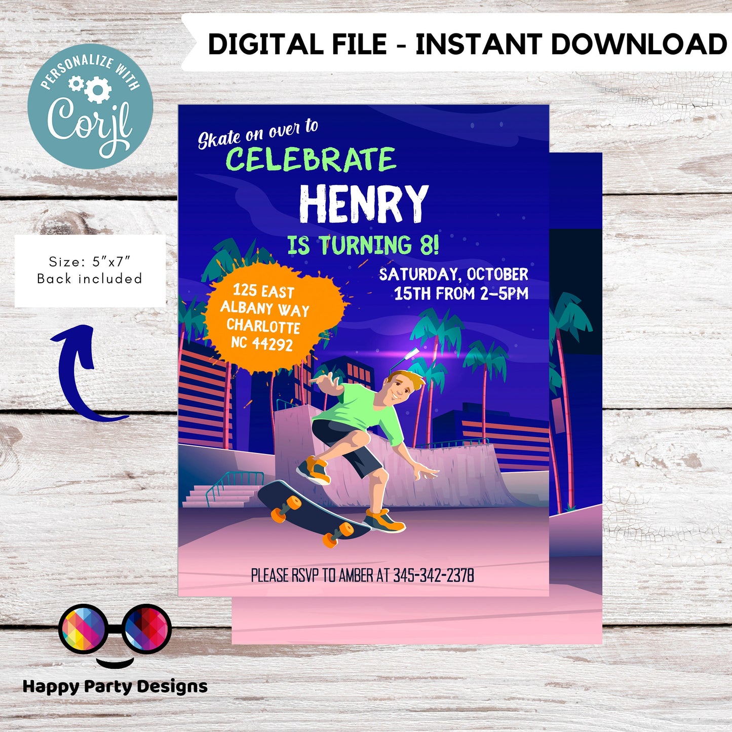 Editable skateboard invitation | Digital skater printable invite | Birthday boy | Graffiti Invitation | neon party Personalize Online #K117
