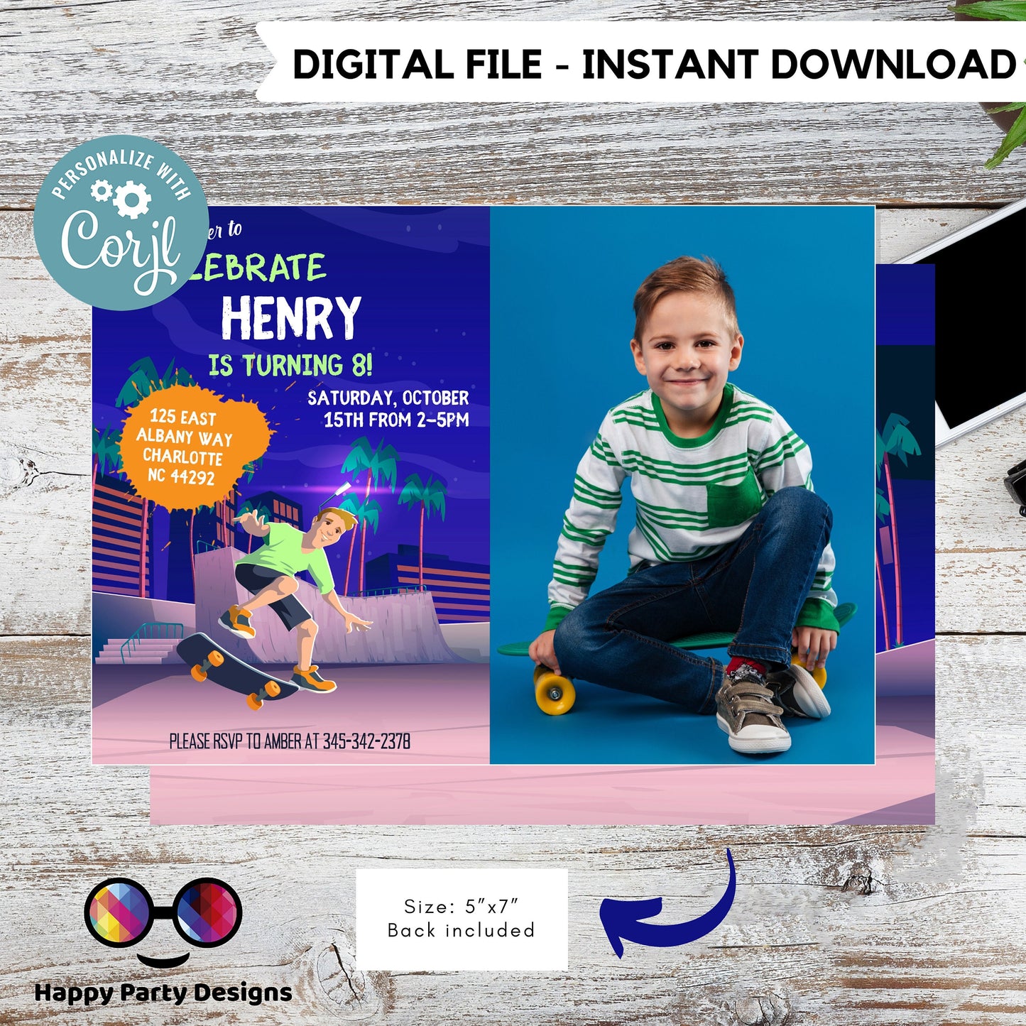 Editable skateboard invitation with picture | Digital skater printable invite | Birthday boy | skate | neon party Personalize Online #K117