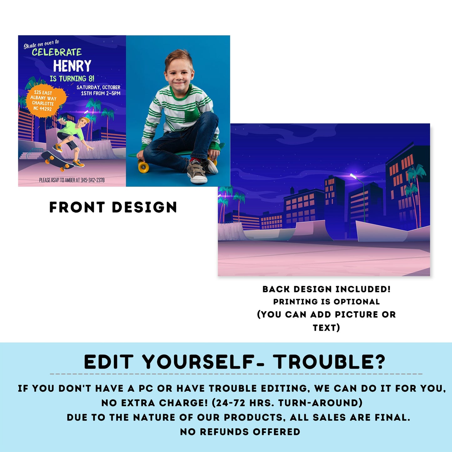 Editable skateboard invitation with picture | Digital skater printable invite | Birthday boy | skate | neon party Personalize Online #K117