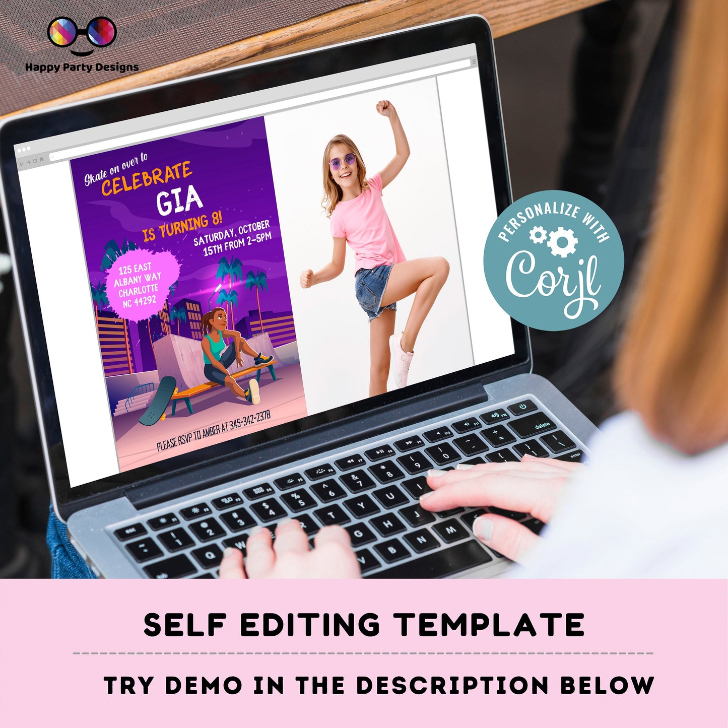 Editable skateboard invitation with picture | Digital skater printable invite | Birthday girl | neon party Personalize Online #K117
