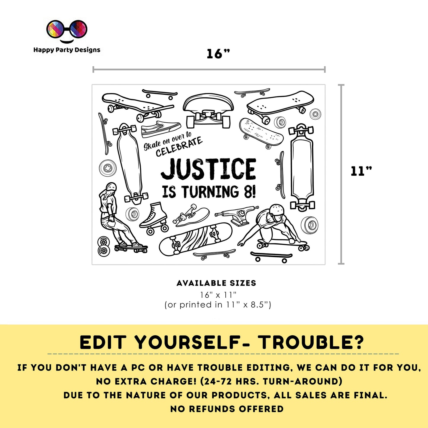 Editable skateboard coloring page | Placemat coloring page | Any Age | skater birthday | skate Party Activity #K117