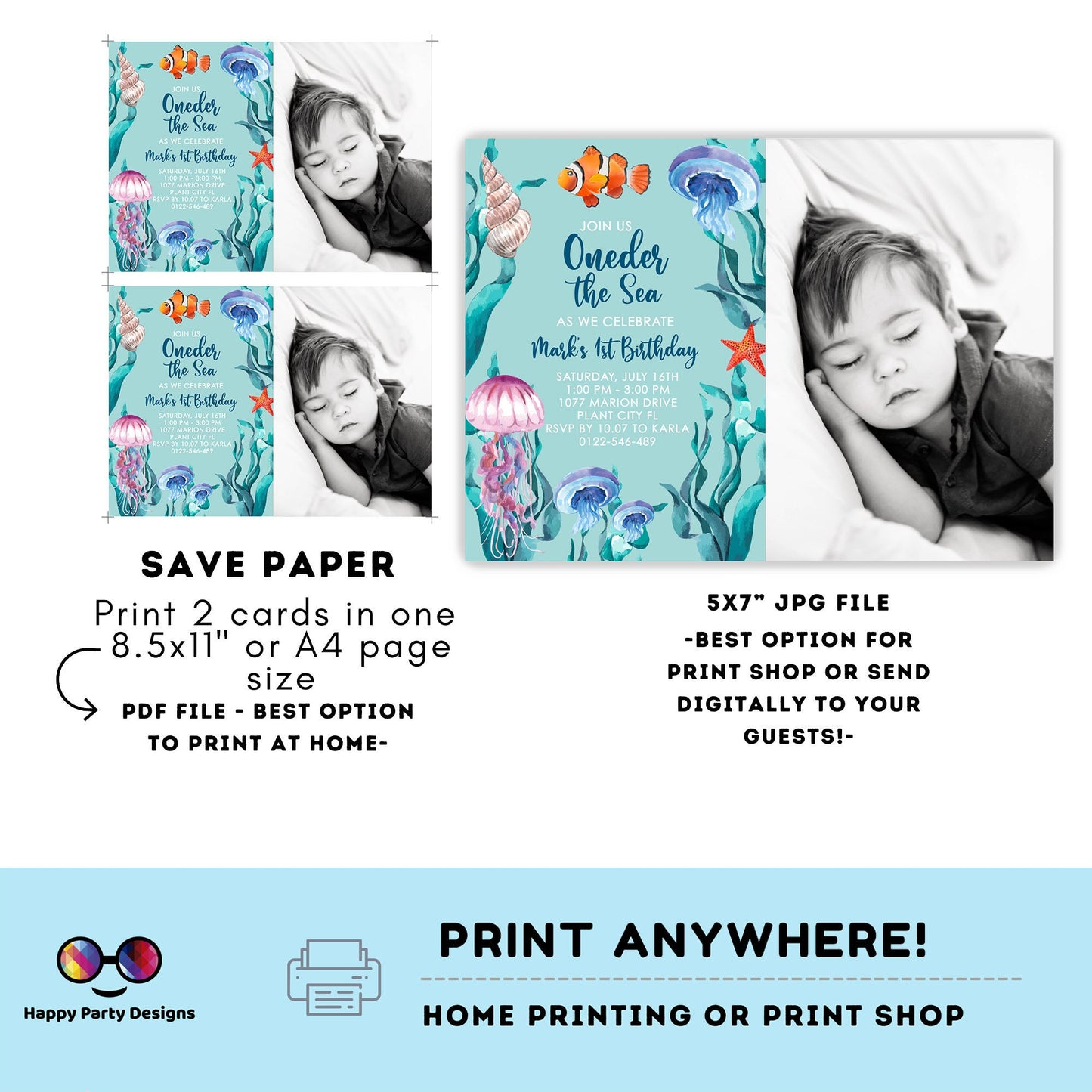 Oneder the sea Invitation with picture | Editable Ocean Invite | under the sea party | under the sea Evite | boy birthday | any age #K149
