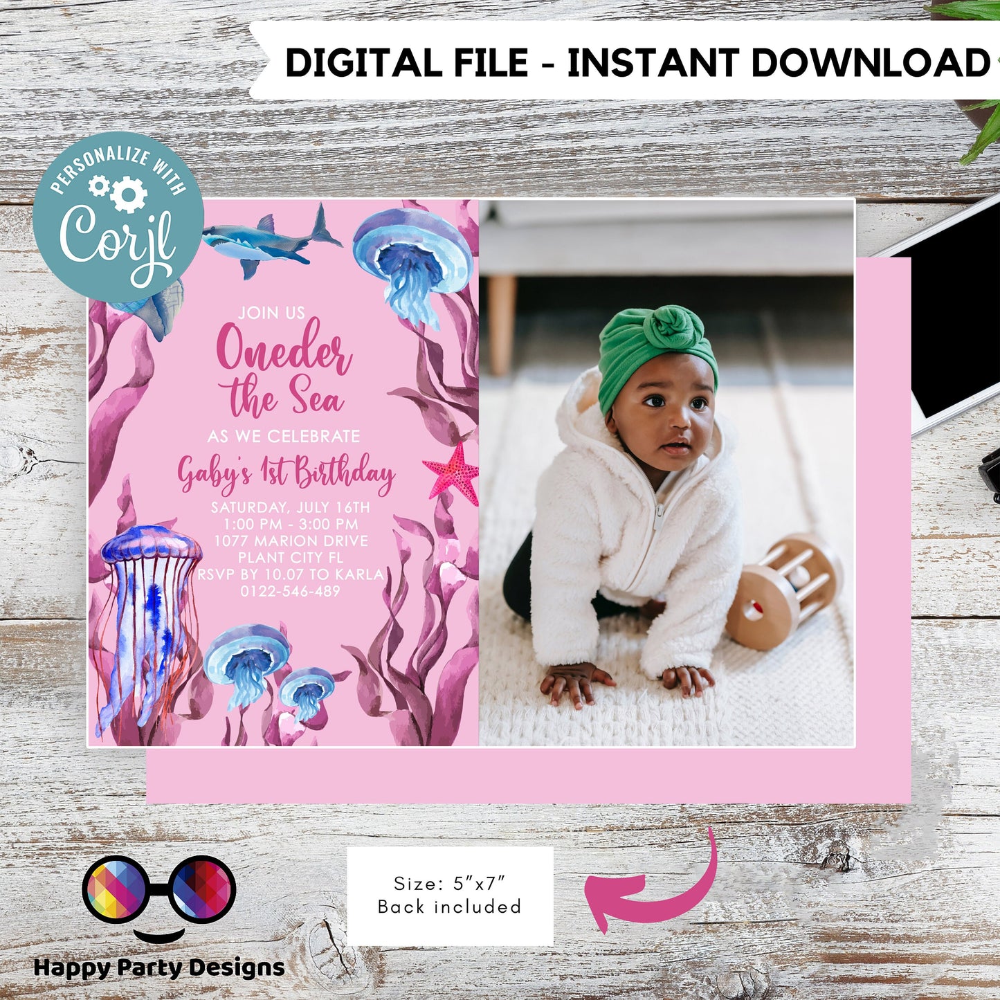 Oneder the sea Invitation with photo | Editable Ocean Invitation | under the sea party | under the sea Evite | girl birthday | any age #K149