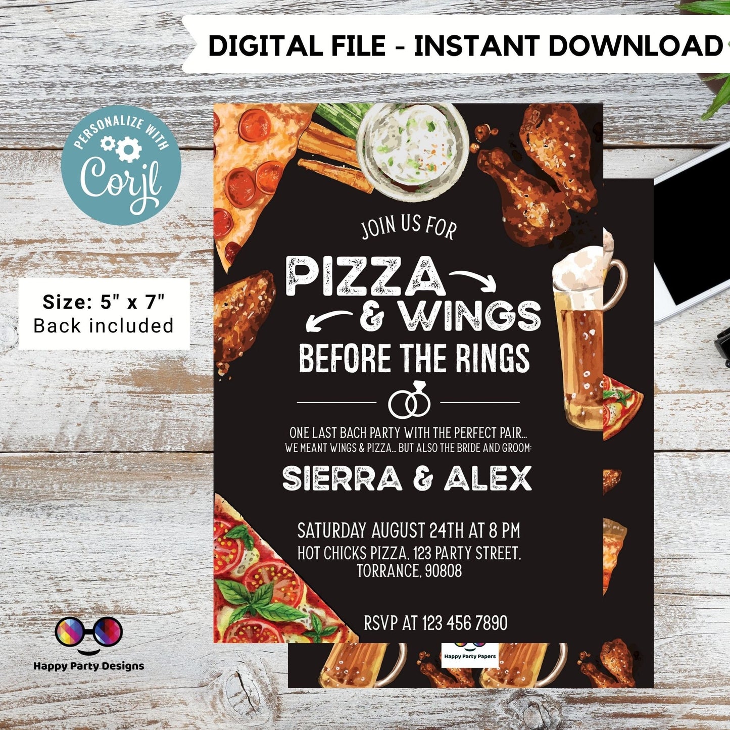 Pizza and wings before the ring Invitation | Pizza Rehearsal Dinner Invitation | Co-ed party | Pizza Couples Shower Invitation | beer #W4