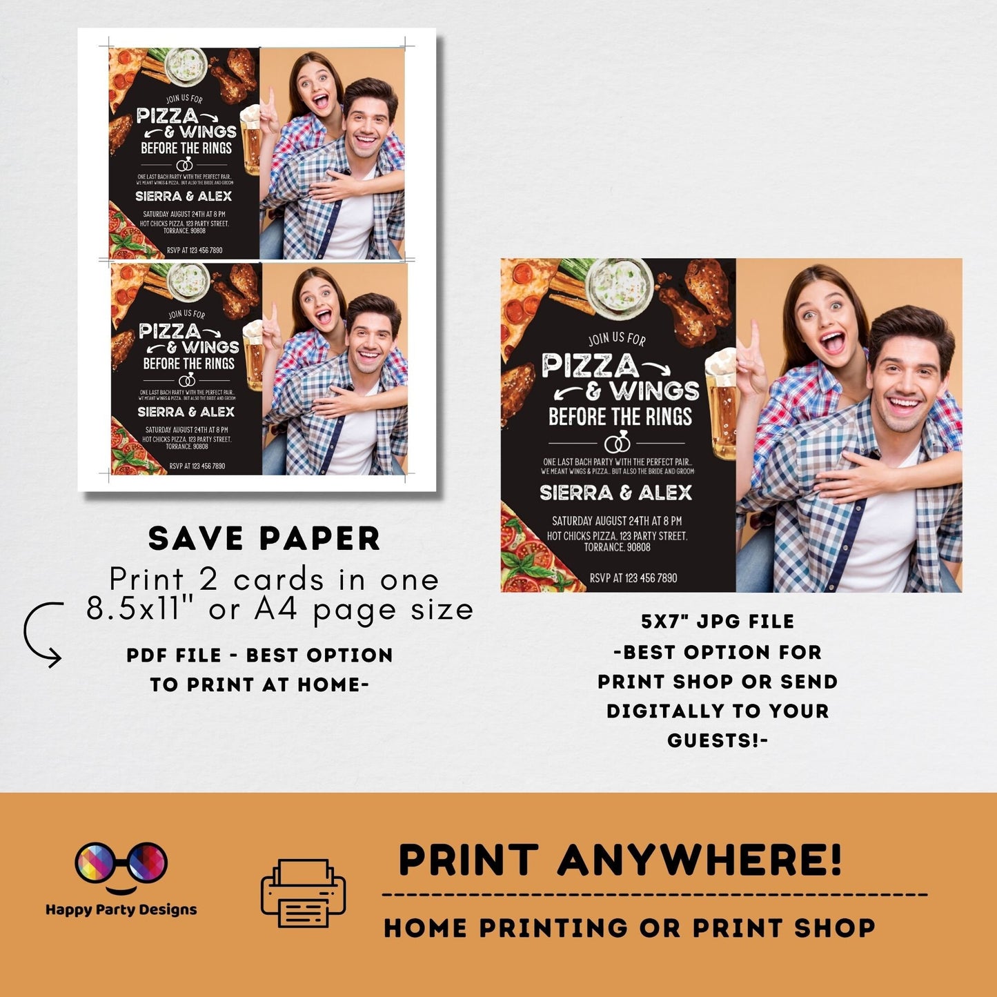 Pizza and wings before the ring Invitation with picture | Pizza Rehearsal Dinner Invitation | Co-ed party | Pizza Couples Shower | beer #W4