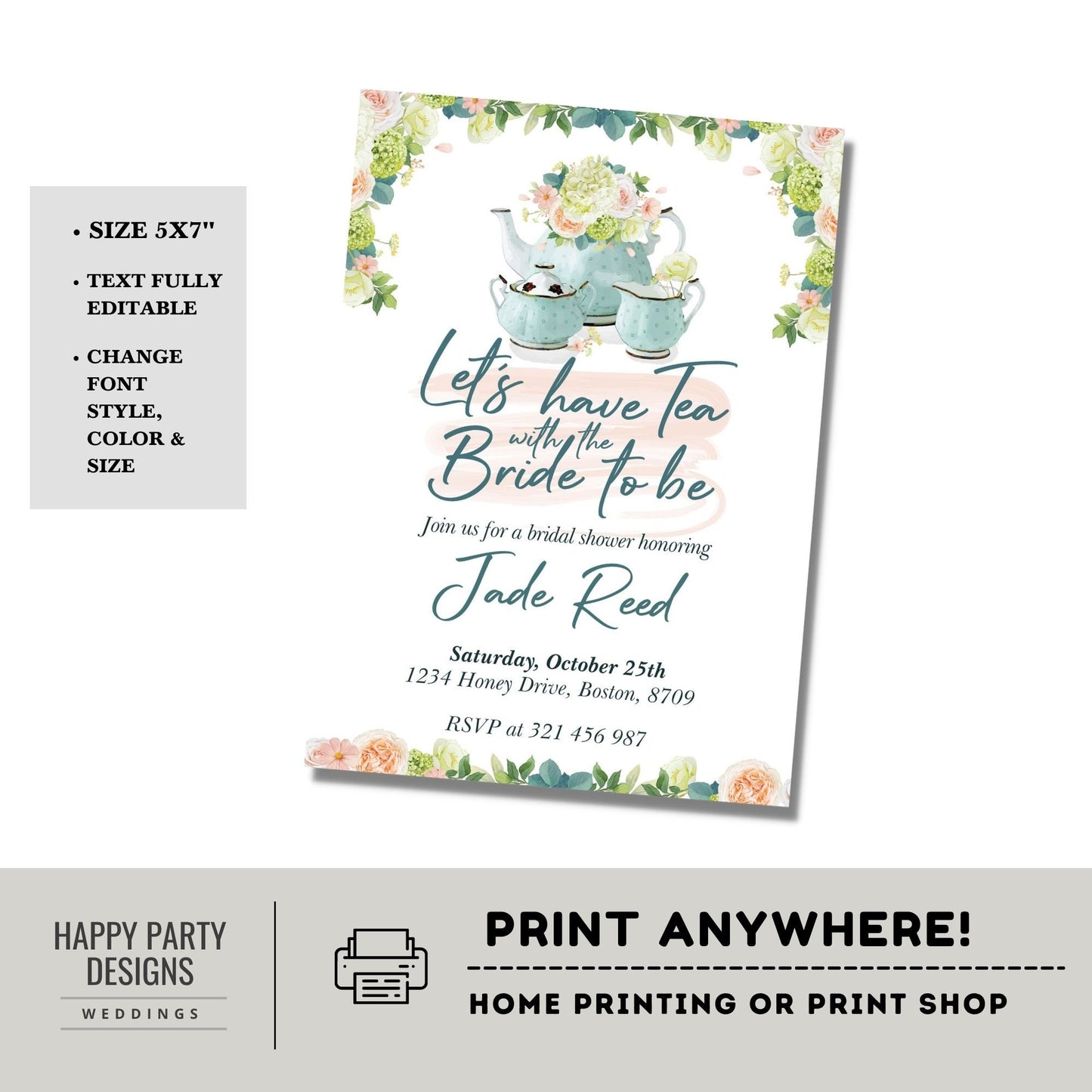 Bridal Shower Tea Party Invitation Template | Printable Bridal Tea Shower Invite | Bridal Brunch | Bridal shower invitation template #W1