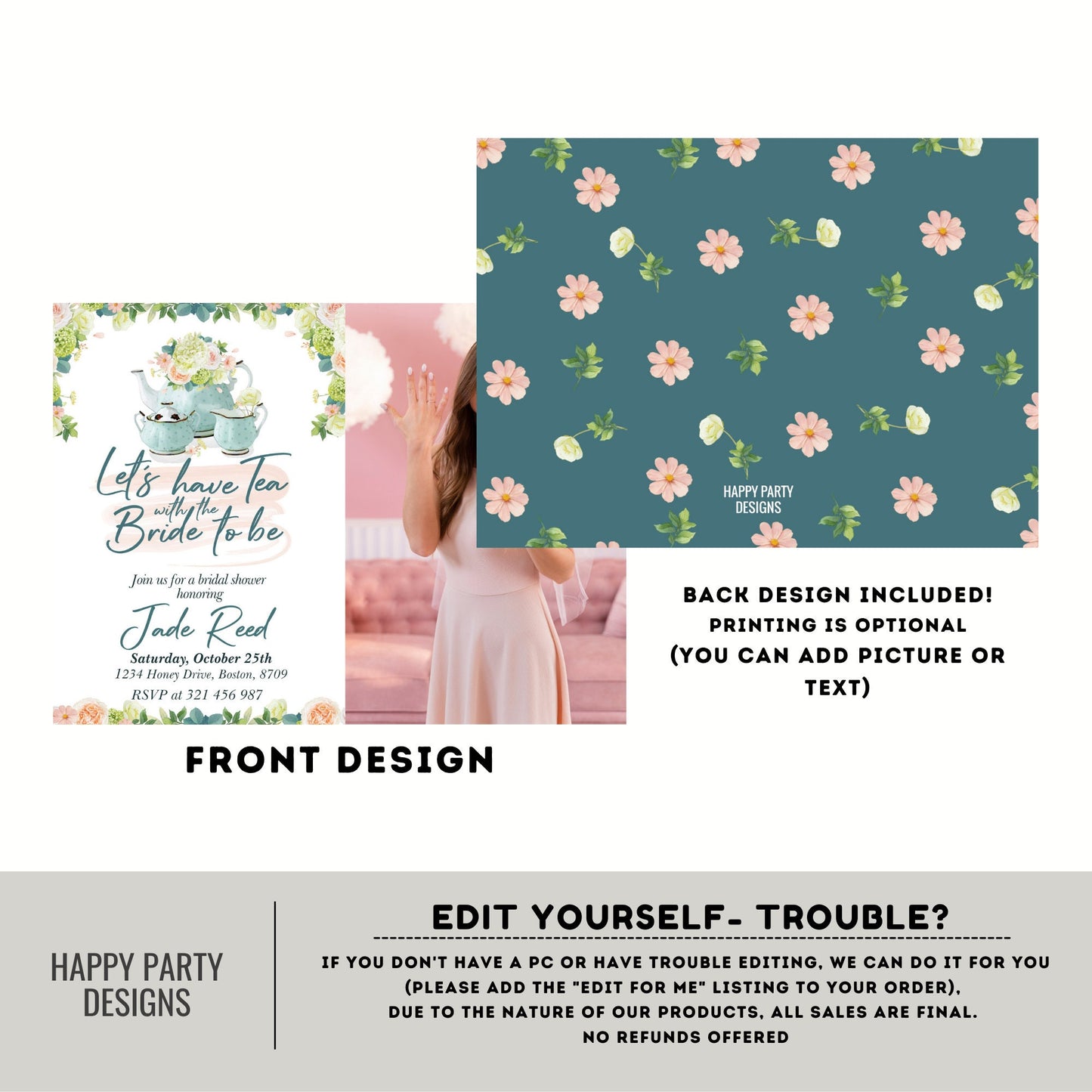 Bridal Shower Tea Party Invitation Template with photo | Printable Bridal Tea Shower Invite | Bridal Brunch | Bridal shower template #W1