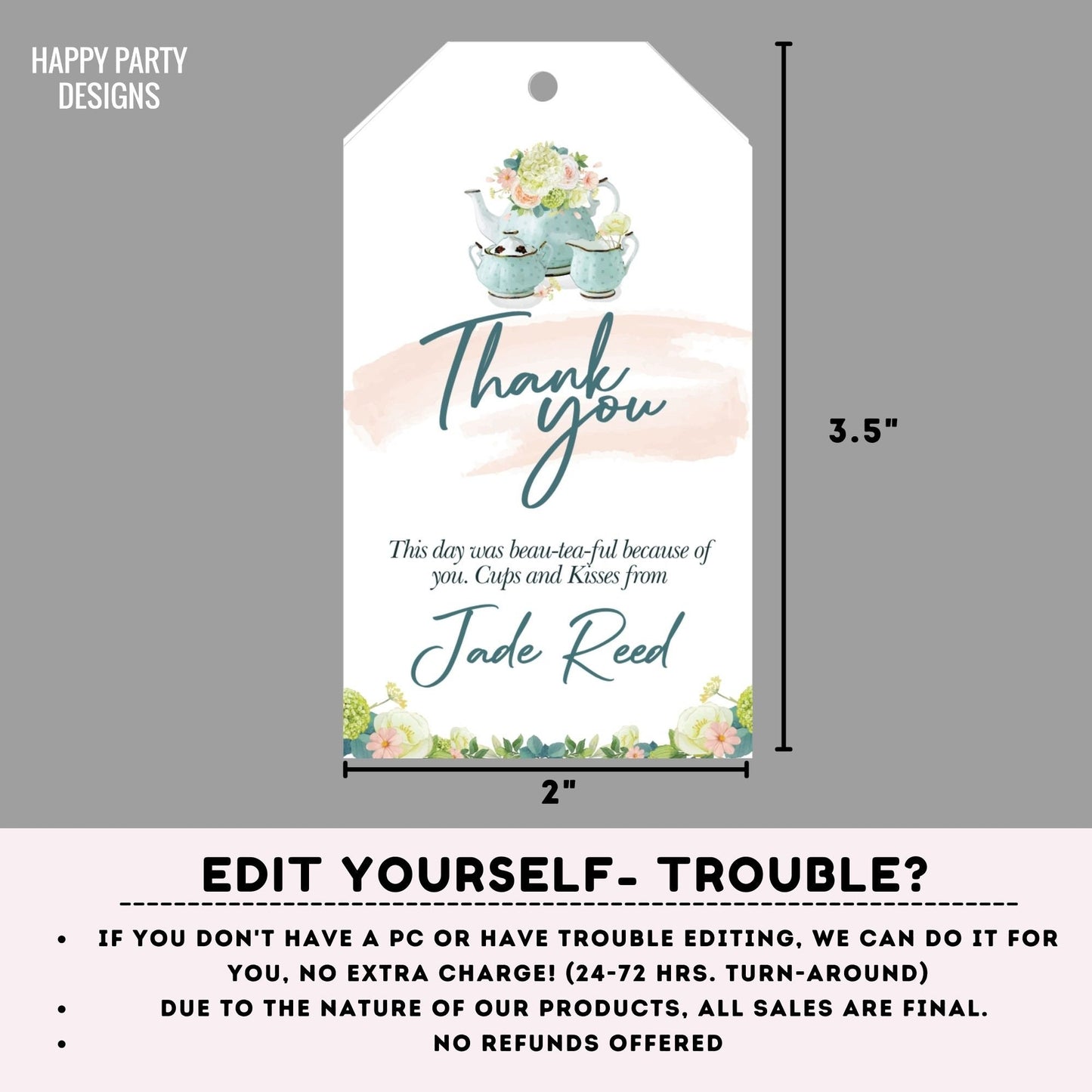 Editable tea party thank you tag | birthday | baby shower | bachelorette | Thank you tag | Gift Tag | Template | Baby girl | Favor tag #W1