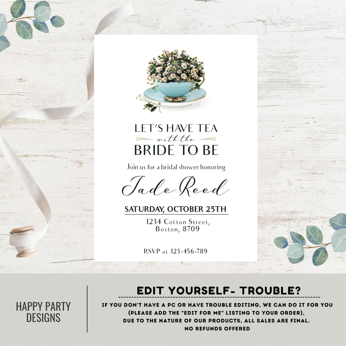 Bridal Shower Tea Party Invitation Template | Printable Bridal Tea Shower Invite | Bridal Brunch | Bridal shower invitation template #W2