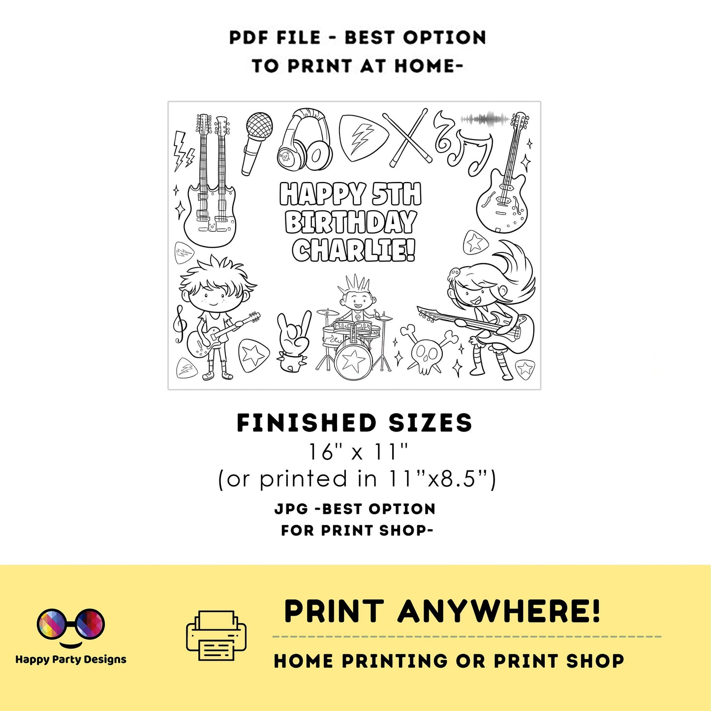 Editable Rockstar Birthday coloring page | Placemat coloring page | Any Age | Rock and Roll birthday party activity | bag filler #K150