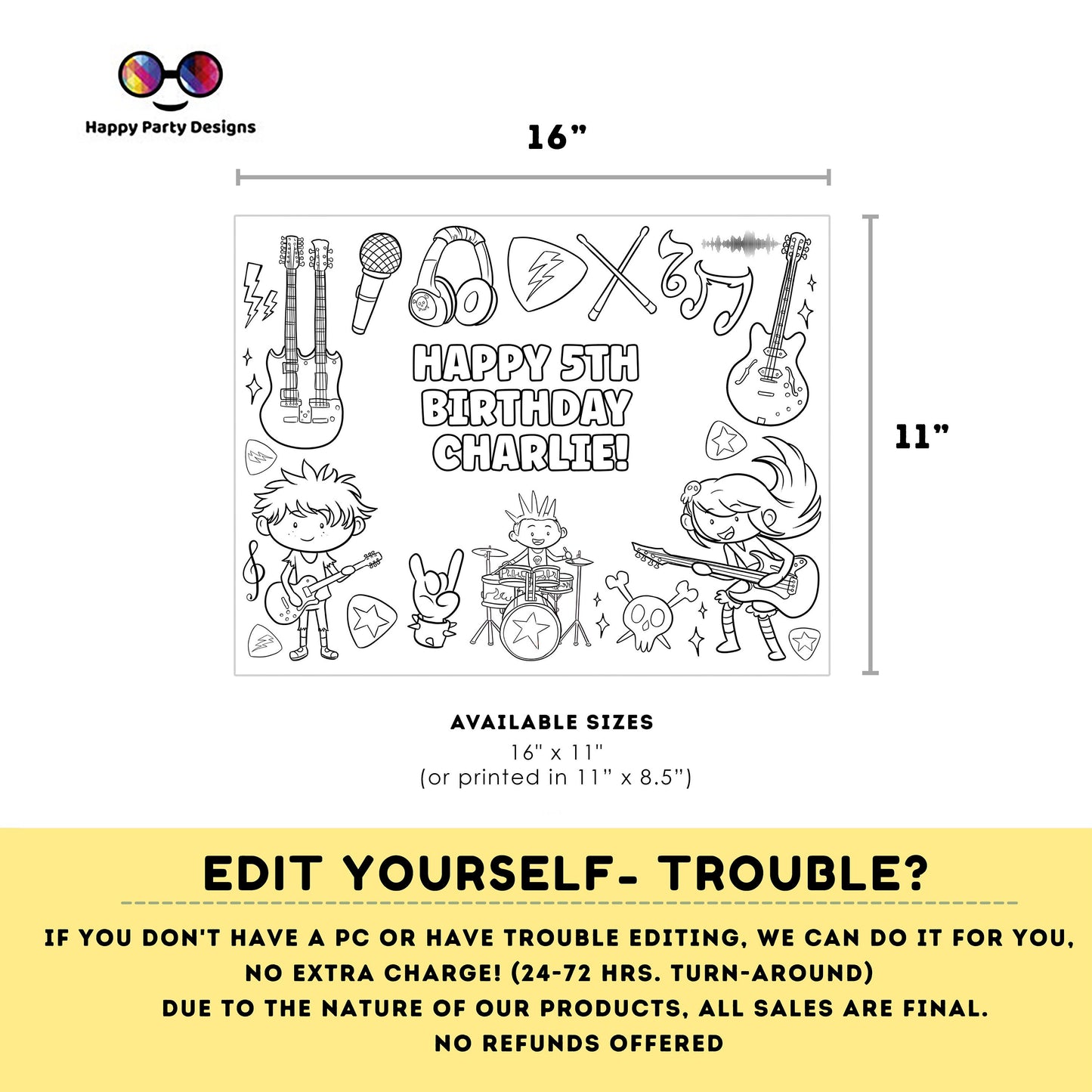 Editable Rockstar Birthday coloring page | Placemat coloring page | Any Age | Rock and Roll birthday party activity | bag filler #K150