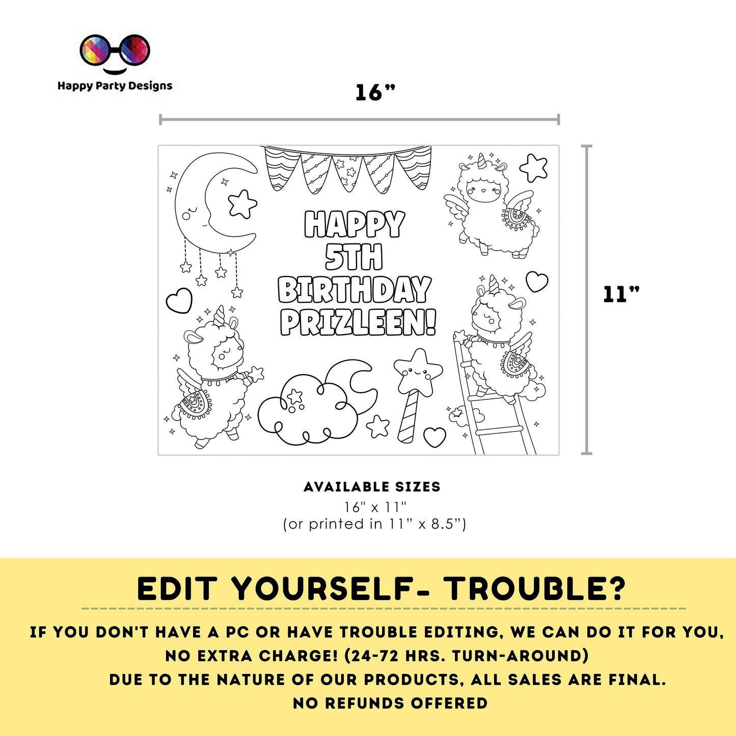 Editable Llama Birthday coloring page | Placemat coloring page | Any Age | Llama birthday party activity | bag filler #K151