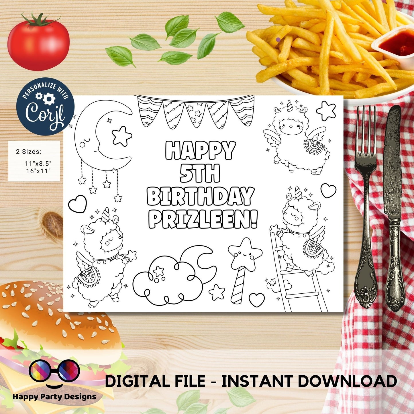 Editable Llama Birthday coloring page | Placemat coloring page | Any Age | Llama birthday party activity | bag filler #K151