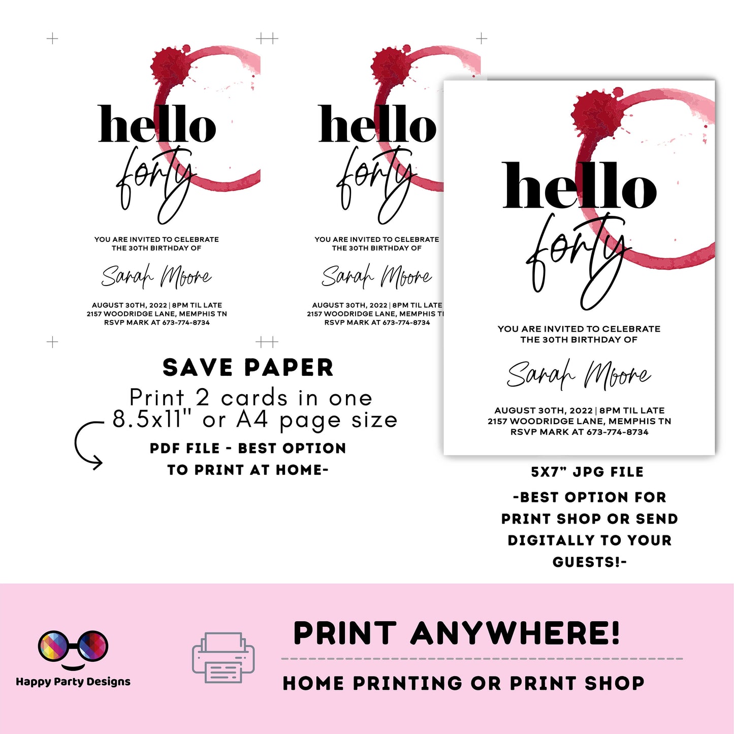 Hello forty red wine invitation | woman birthday | Surprise Birthday Party Invites | PRINTABLE wine party invitation | Invite for Her #A10