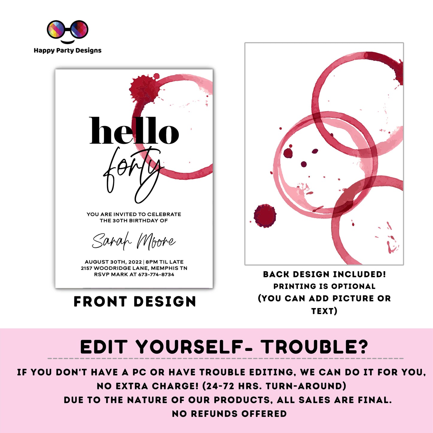 Hello forty red wine invitation | woman birthday | Surprise Birthday Party Invites | PRINTABLE wine party invitation | Invite for Her #A10