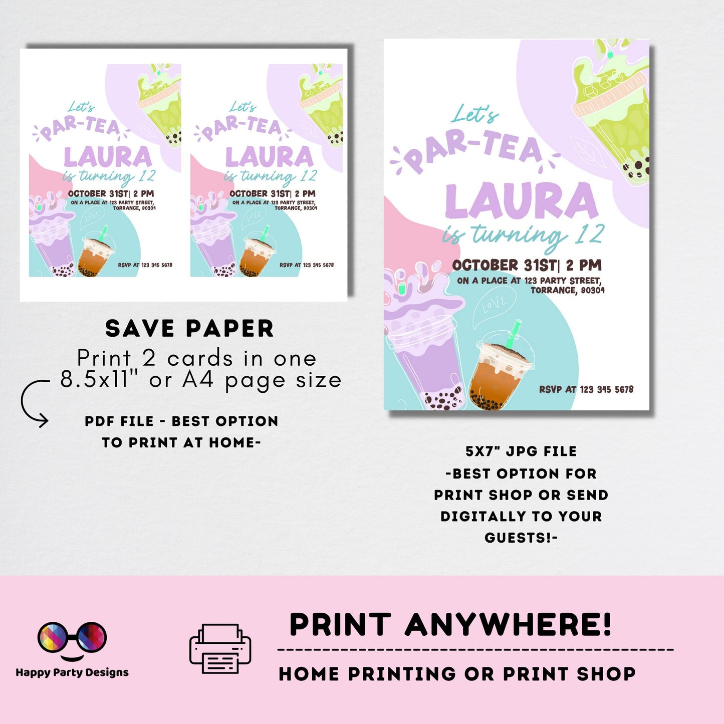 Tea Party birthday Invitation | tea Invite | Boba Tea Party Invitation | Bubble Tea Invite | Par-Tea Invitation #K121