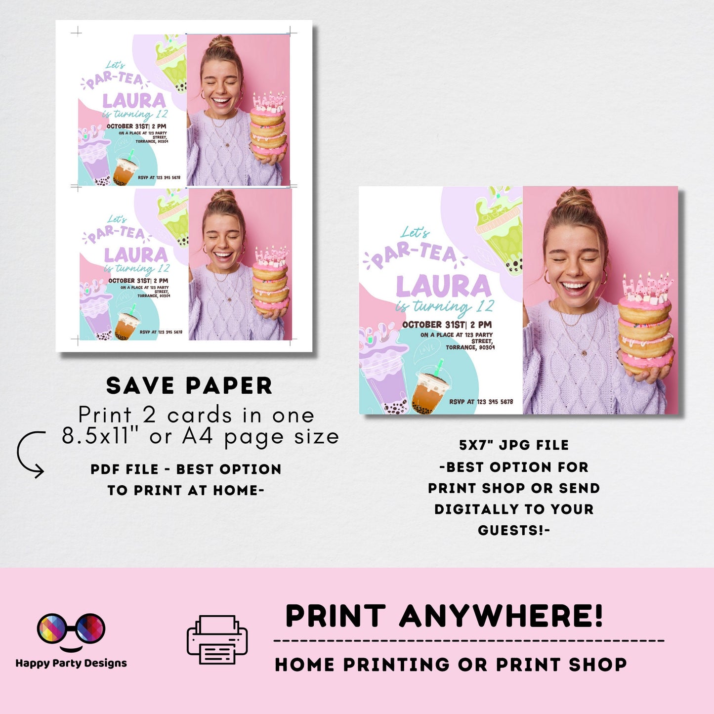 Tea Party birthday Invitation with photo | tea Invite | Boba Tea Party Invitation | Bubble Tea Invite | Par-Tea Invitation #K121