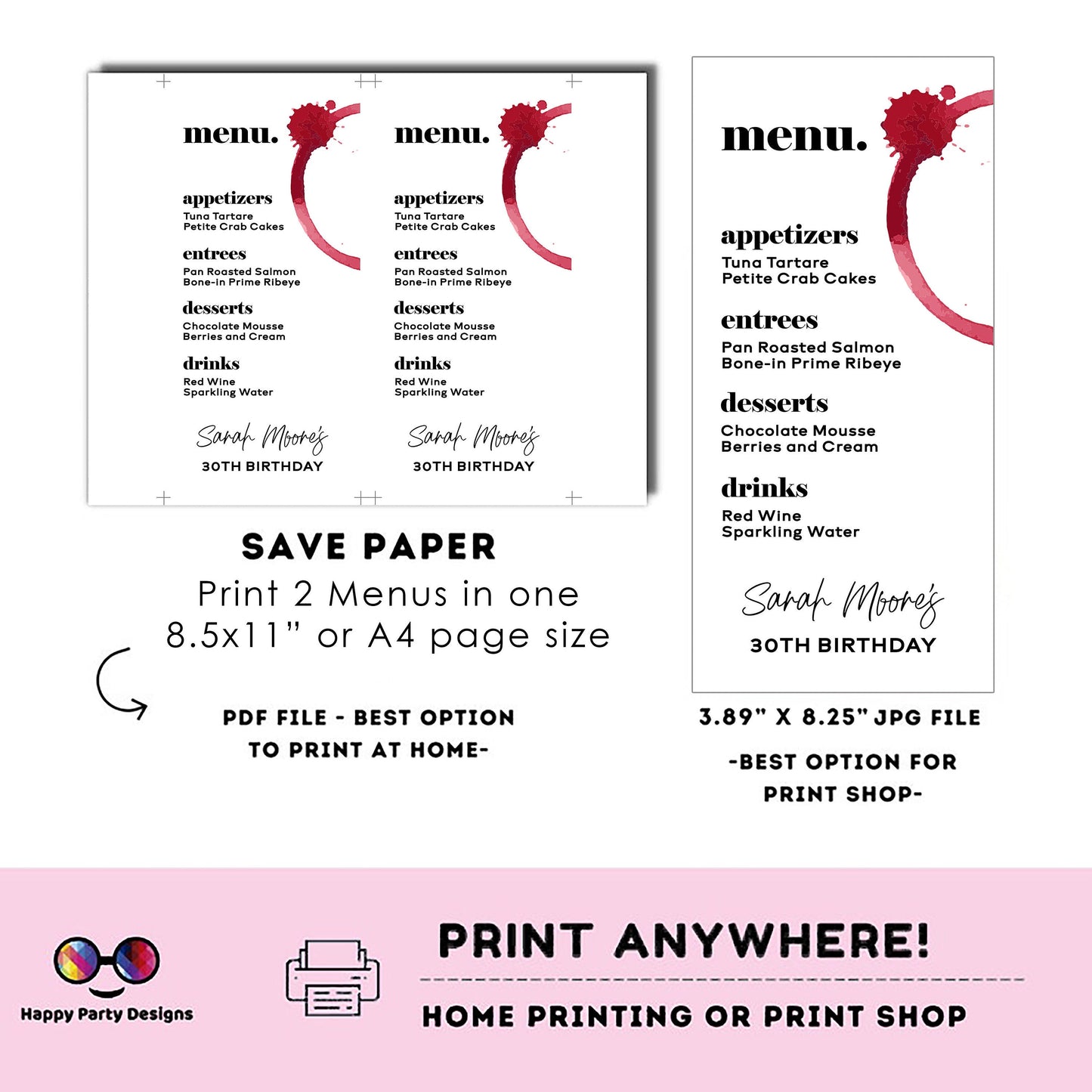 Wine Bar Menu | Hello 40 Red Wine Stain Minimalist Menu | wine birthday | Wedding Menu Template | Party supplies | red wine | digital #A10