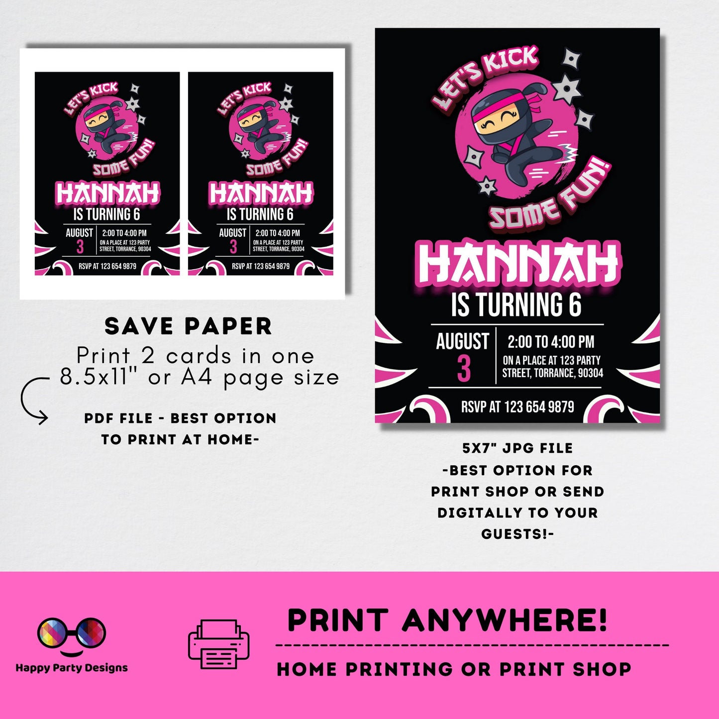 Ninja Birthday Party Invitation | EDITABLE Ninja Warrior Party Invitation Template | Karate girl Birthday Invite | Lets Kick #K122