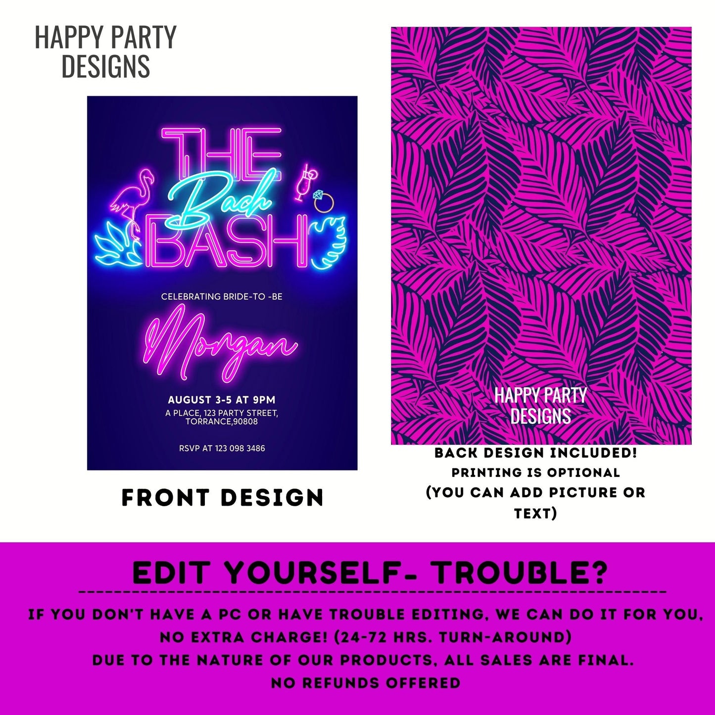Editable Tropical Neon Bachelorette Party Invitation | Bridal Party Invitation Template| Bachelorette Invite | Tropical neon Palm leaves #W5