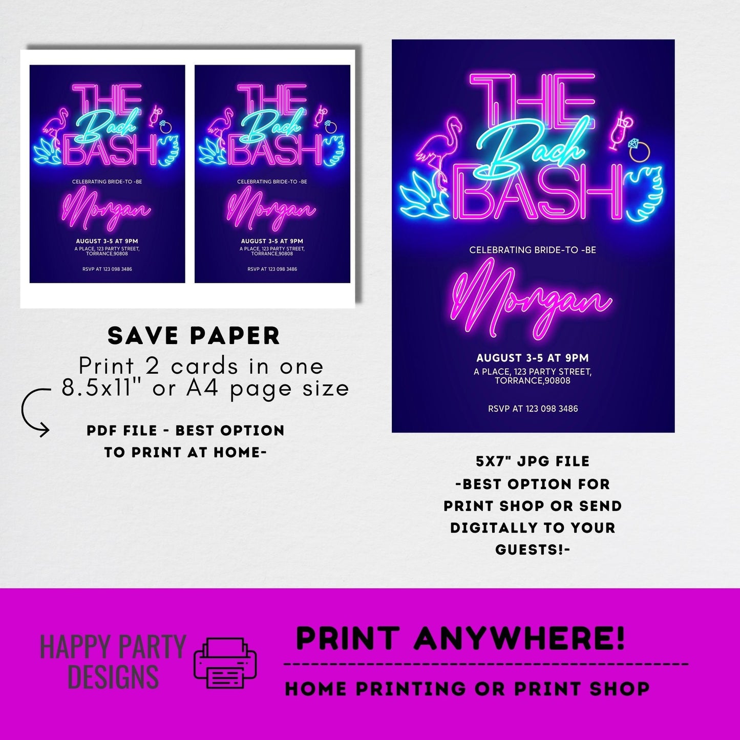 Editable Tropical Neon Bachelorette Party Invitation | Bridal Party Invitation Template| Bachelorette Invite | Tropical neon Palm leaves #W5