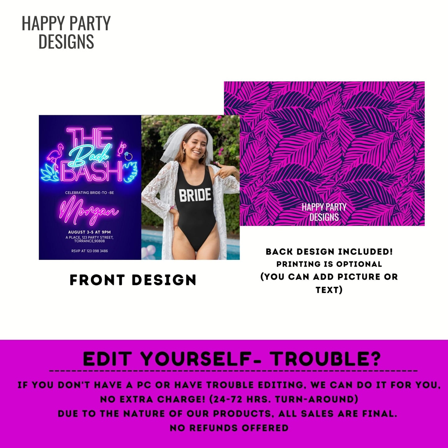 Editable Tropical Neon Bachelorette Party Invitation with picture | Bridal Party Invitation| Bachelorette | Tropical neon Palm leaves #W5