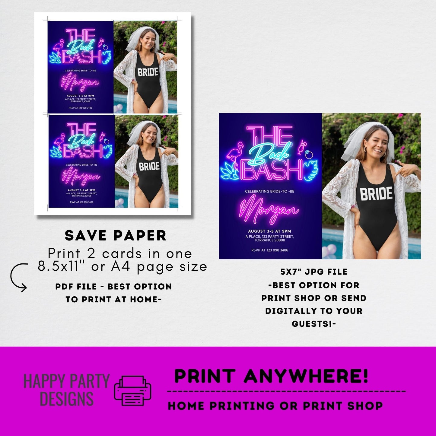 Editable Tropical Neon Bachelorette Party Invitation with picture | Bridal Party Invitation| Bachelorette | Tropical neon Palm leaves #W5