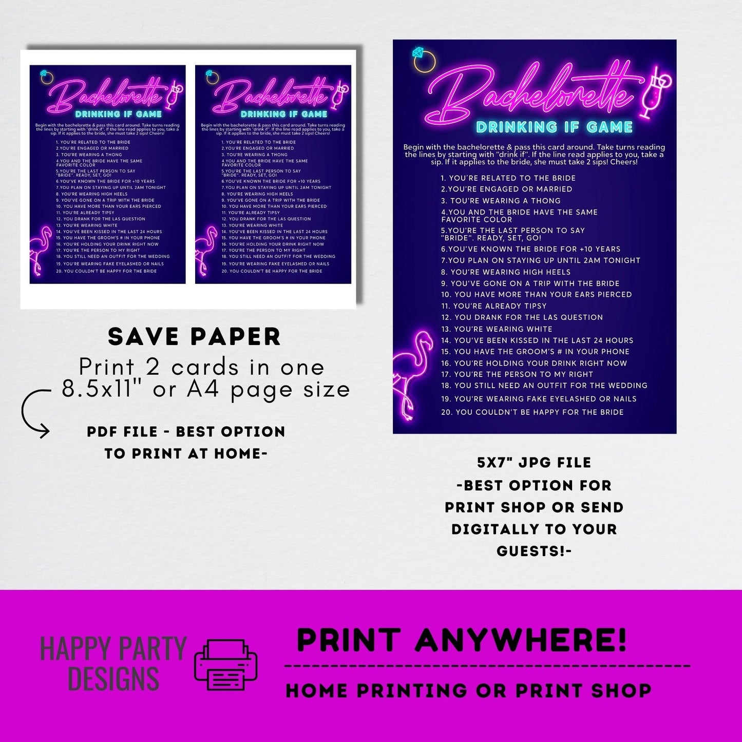 Editable Tropical Neon Bachelorette Party game | Bachelorette Drink If Game Template | Bachelorette game | Tropical neon Palm leaves #W5