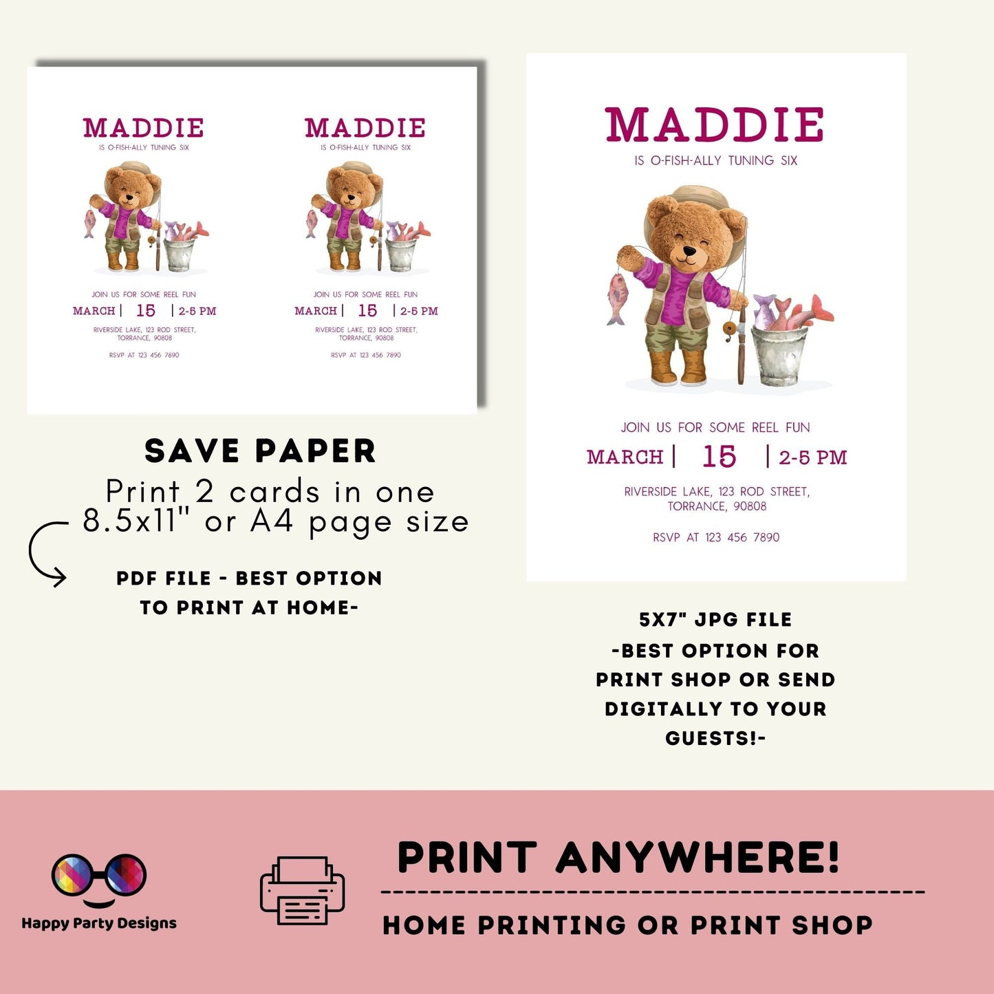 Fishing Birthday Invitation Template | Teddy bear | O-fish-ally Birthday Invitation | Fishing Party Party | girl Birthday Gone Fishing #K152