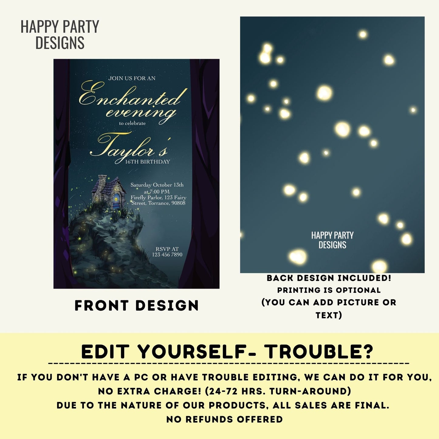 Enchanted Party Invitations | Gold Glitter invitations | Magical Birthday | Enchanted Forest | girl birthday | sweet sixteen | any age #K153