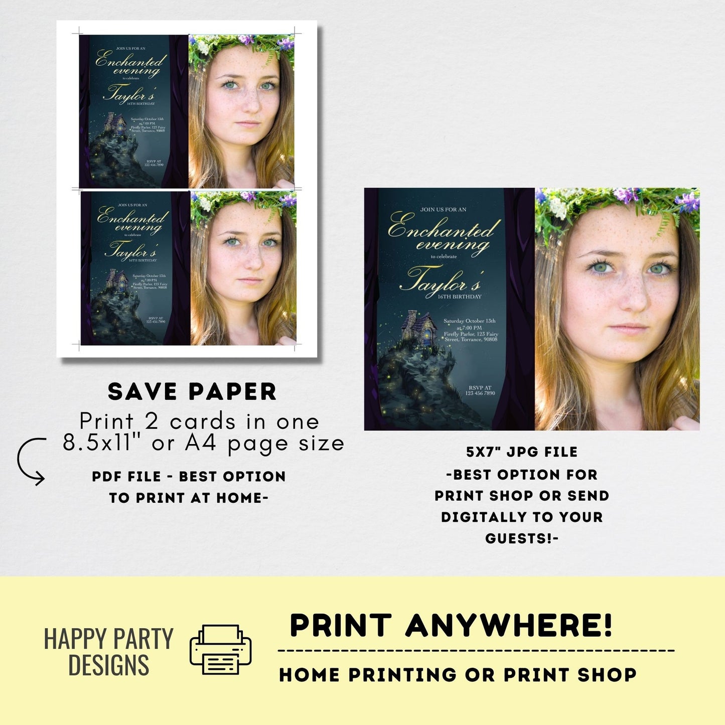 Enchanted Party Invitations with picture | Magical Birthday | Enchanted Forest | girl birthday | sweet sixteen | any age #K153