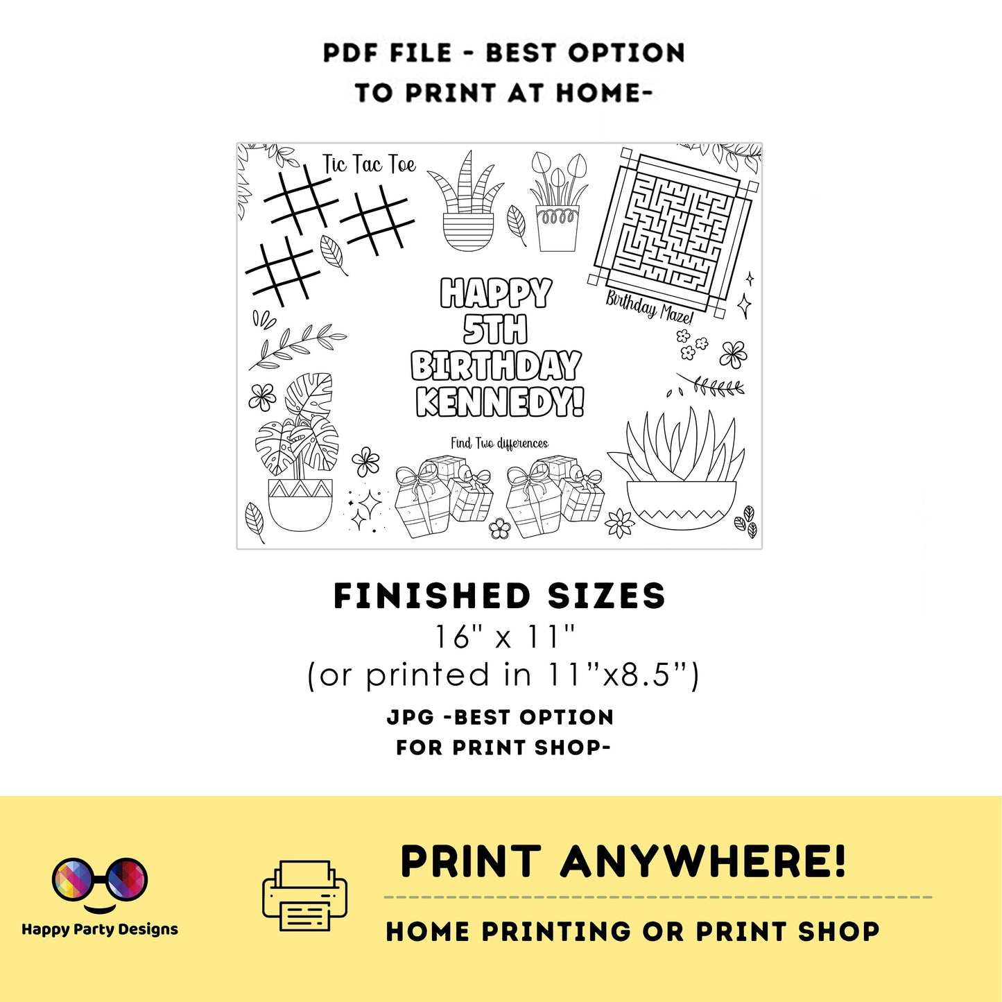 Editable plants Birthday coloring page | Placemat coloring page | Any Age | Succulents and cactus coloring page activity | bag filler #K154