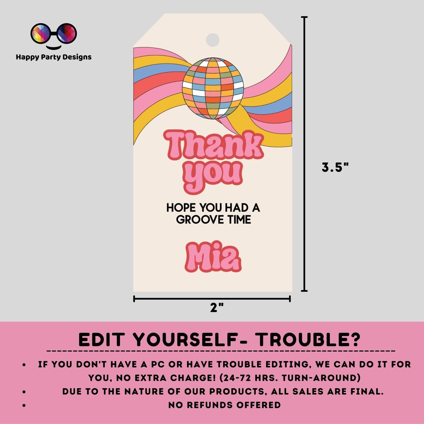 Editable Disco Party Favor Tag Template | bridal | baby shower | bachelorette | Thank you tag | Gift Tag | Retro Groovy Tag | 70s Disco #A11
