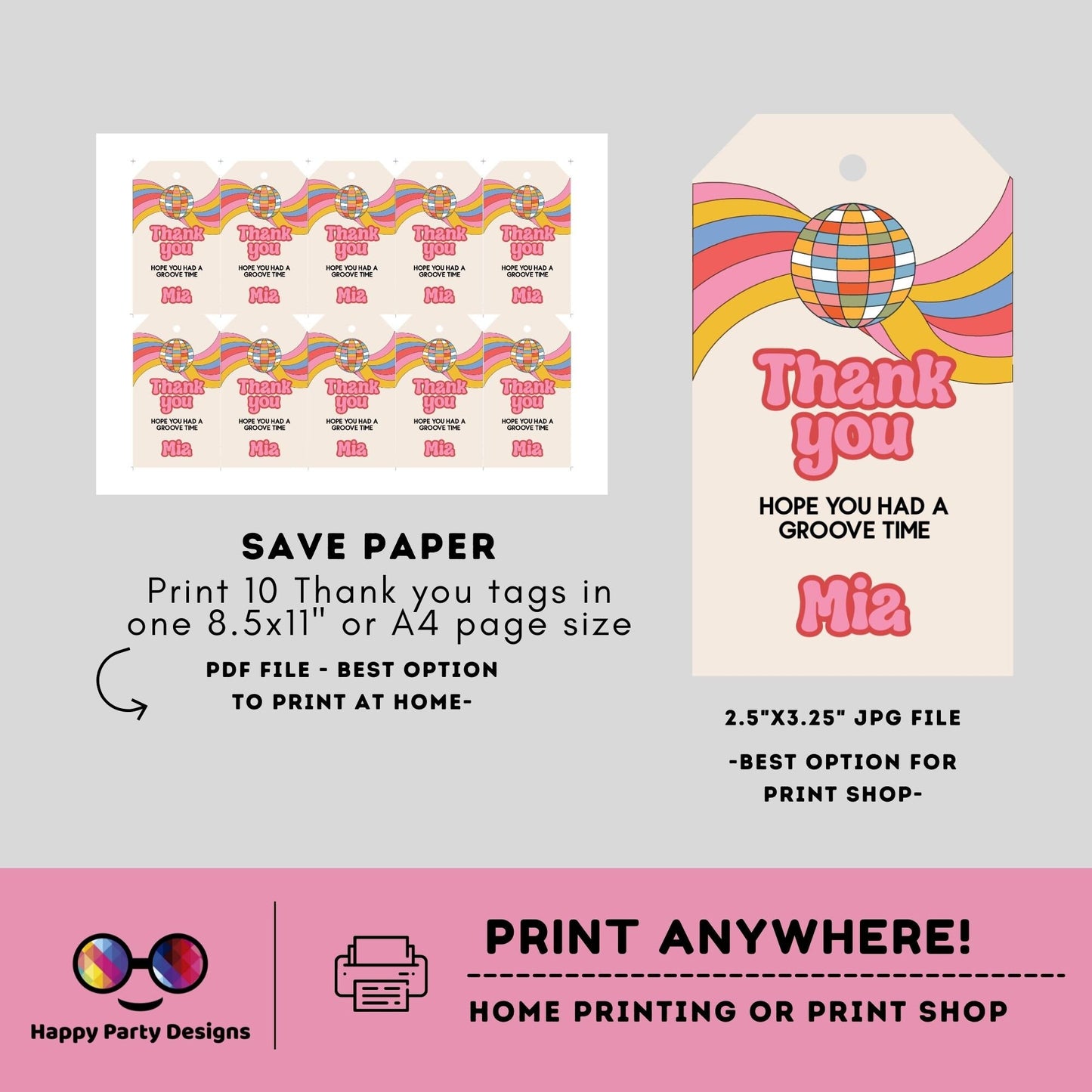 Editable Disco Party Favor Tag Template | bridal | baby shower | bachelorette | Thank you tag | Gift Tag | Retro Groovy Tag | 70s Disco #A11