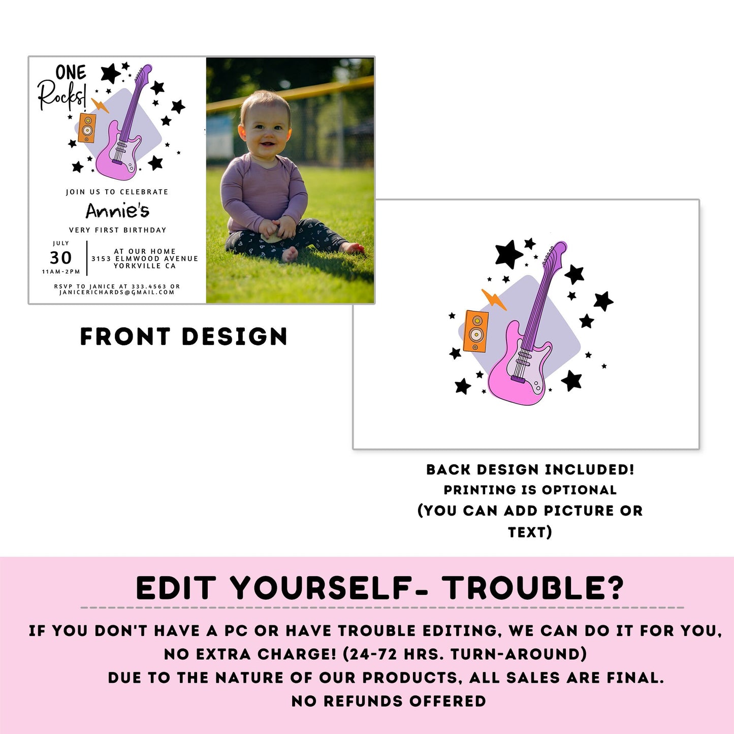 One Rocks Baby 1st Birthday Invitation with picture | First Birthday Invite | purple Rock One Year Birthday Invitation | girl birthday #K155