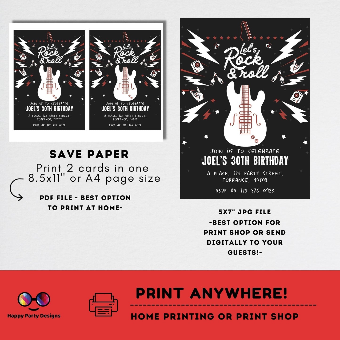 Rock 'n roll Birthday Invitation | Rock Star Party Invitation | Rock Guitar Birthday invitation | Invitation Pop Star Rock n' roll #A12