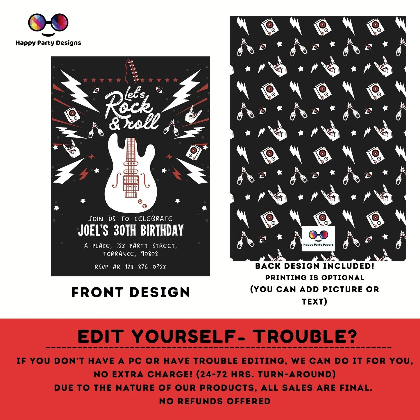 Rock 'n roll Birthday Invitation | Rock Star Party Invitation | Rock Guitar Birthday invitation | Invitation Pop Star Rock n' roll #A12