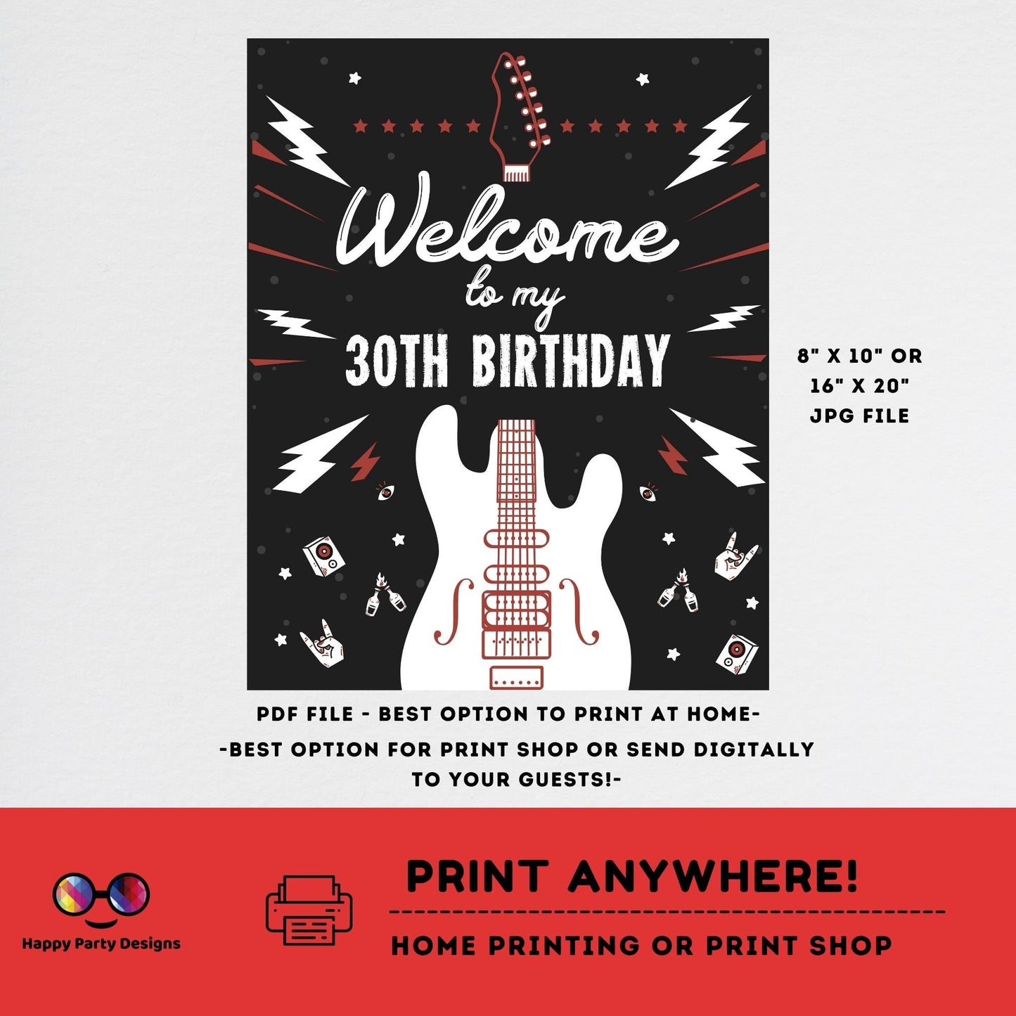 Rock n roll Birthday Welcome Sign | Lets Rock Birthday Party Welcome Sign | Rock and Roll Party Welcome Sign | printable Welcome Sign #A12