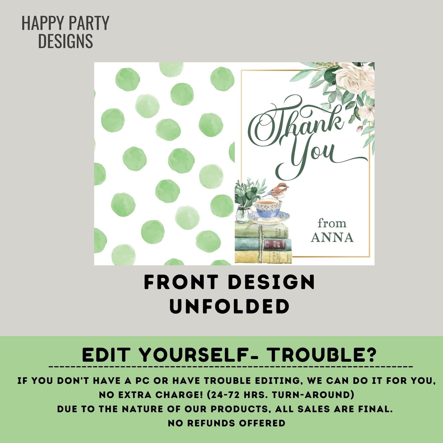 Book Themed Thank You Card Download | Bridal Shower | Baby Shower | Folded Notes Blank Inside | Printable Coffee Thank You Note #W6